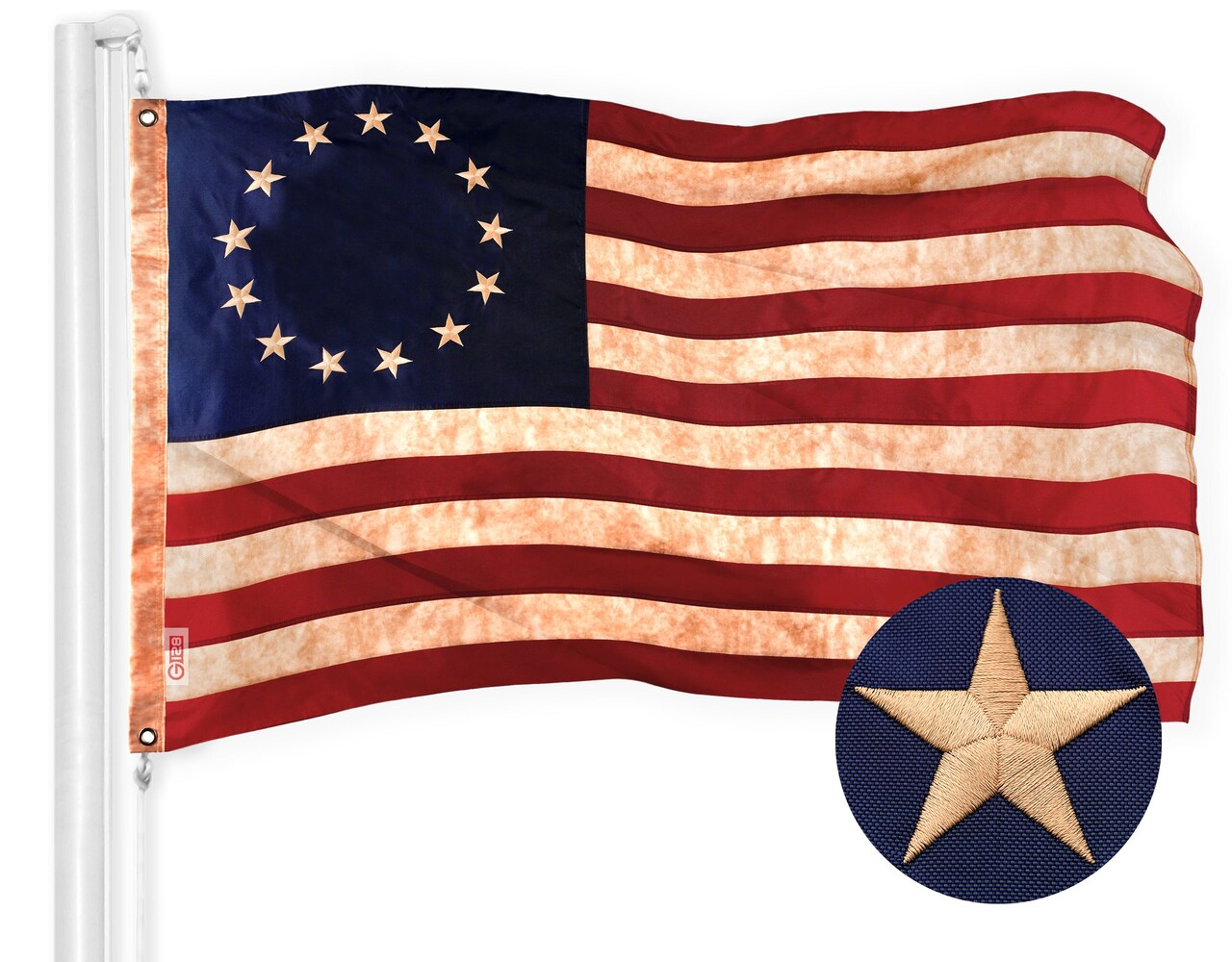 G128 Betsy Ross Tea-Stained Flag | 2.5x4 Ft | ToughWeave Pro Series Embroidered 420D Polyester | Historical Flag